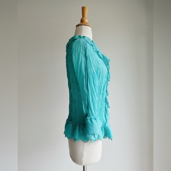VINTAGE Sunny Leigh Aqua Ruffle Cardigan Blouse Romantic Boho Top Large - Picture 3 of 6